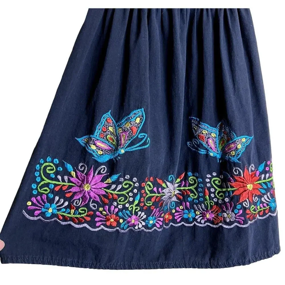 Artisan Mexican Embroidered Campesina Peasant Dress Girls 7-8 Black Boho